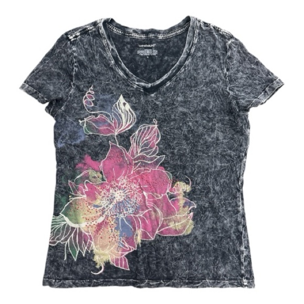 Westbound Black Acid Wash Red Rhinestone Floral  V-Neck Cotton Tee